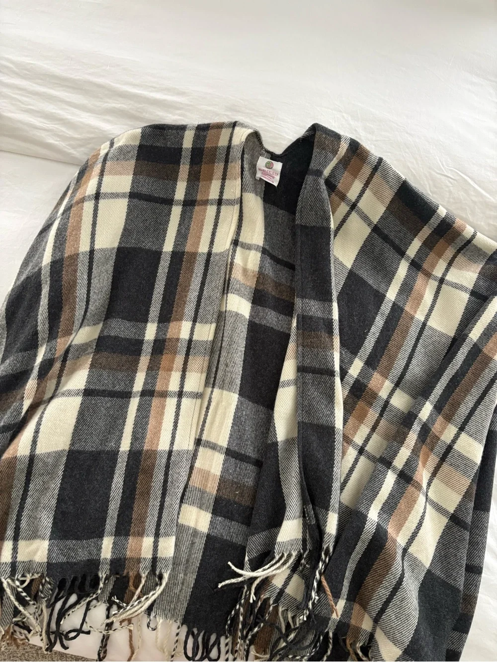 Plaid Fringe Blanket Scarf - Neutral Tones